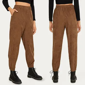 

IMCUTE Women's Autumn Winter Fashion Corduroy High Waist Harem Leisure Casual Elastic Waist Pockets Pants Trousers Streewear