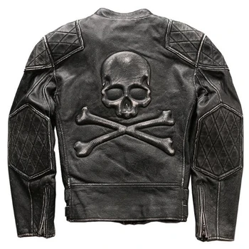 

European Style Mens Biker Genuine Leather Jackets Skull Pattern Automotive Cow Leather Jacket and Coats Male Plus Size 4XL A591