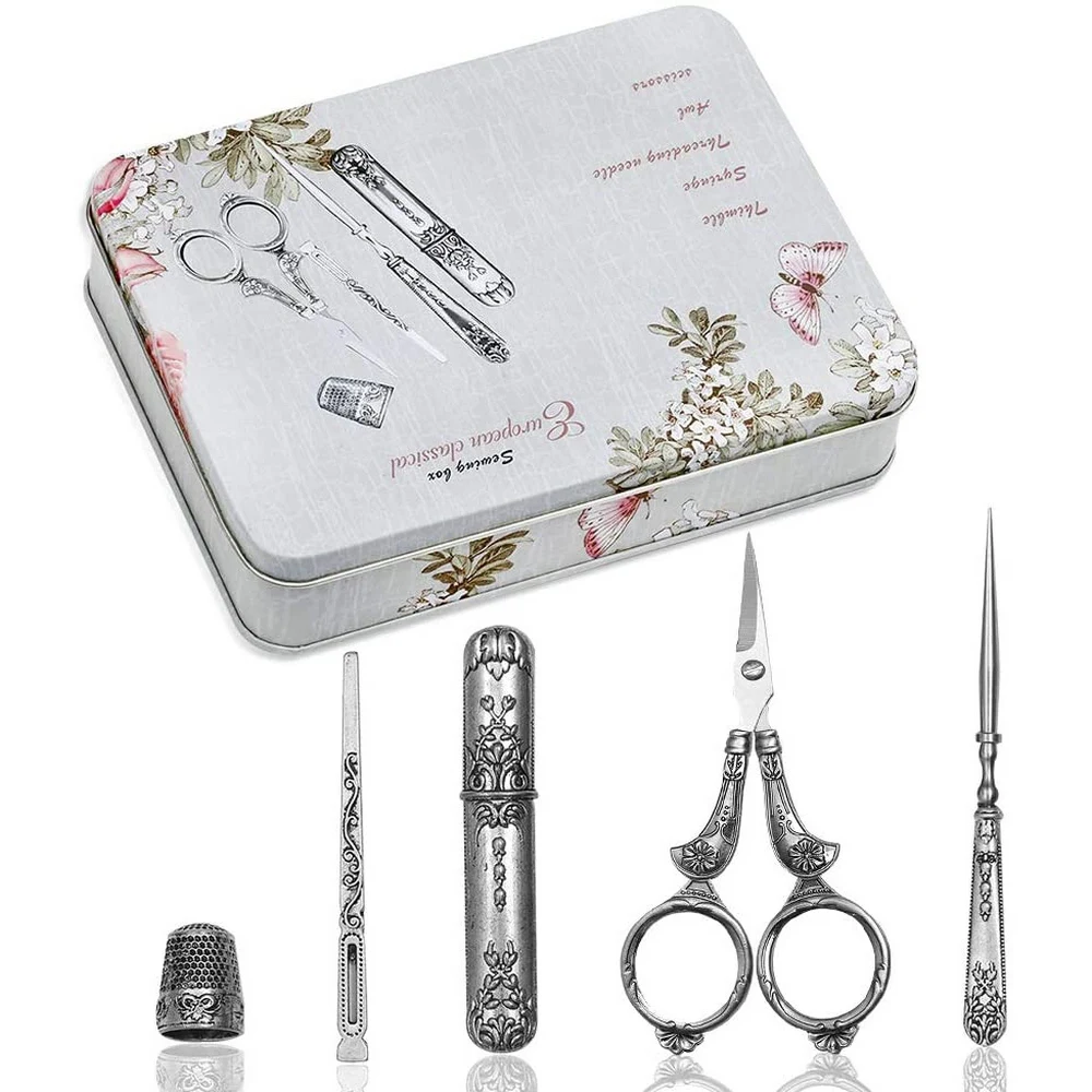 Antique-Sewing-Scissors-European-Vintage-Silver-Needle-Case-5-in-1-with-Scissors-Thimble-Punch-Embroidery (3)
