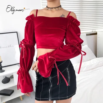 

OllyMurs New Fashion Sexy Slash Neck Women Crop Tops Solid Red Female Long Sleeves Women Clothes Ladies Holiday Party Club Tops