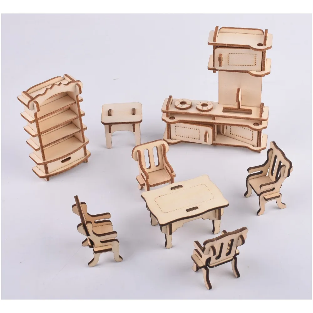 DIY мебель для дома модель деревянная 3D головоломка Кукольный дом развивающие игрушки лазерная резка без заусенцев Игрушки для мальчиков и девочек 34 шт