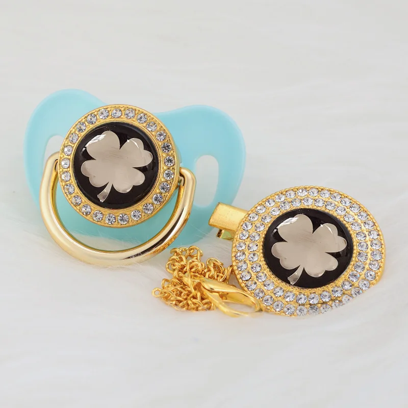 BLING Gold lovely gold leaves beautiful Gold bling pacifier and pacifier clip BPA free dummy bling unique design GLE-08