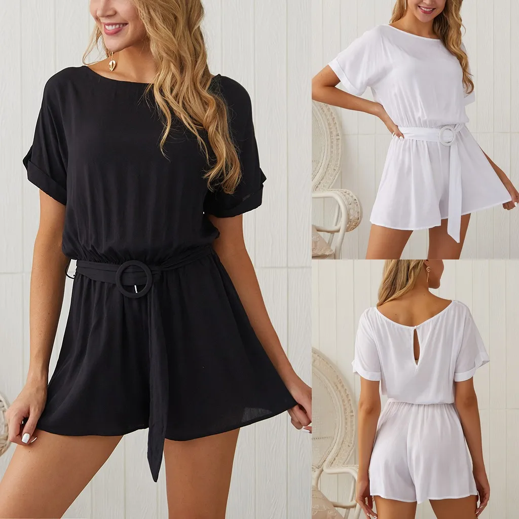 Летние комбинезоны для женщин с коротким рукавом сплошной цвет VogueComfy короткий комбинезон с поясом женский свободный Boho комбинезон