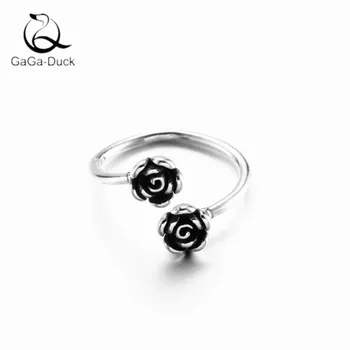 

New Retro Jewelry Simple Temperament Flower 925 Sterling Silver Retro Thai Silver Double Rose Women Opening Rings R477