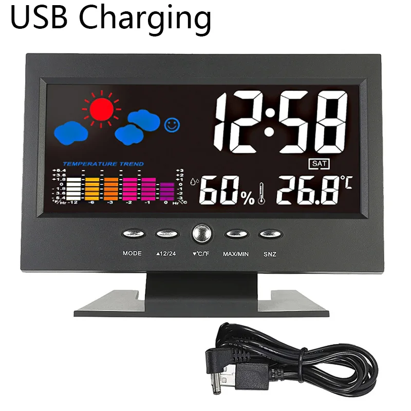 B With USB Cable Домашний термометр, гигрометр, будильник, ЖК-цифровые часы, календарь, метеостанция, настольные часы, измеритель температуры и влажности, барометр - Цвет: B With USB Cable