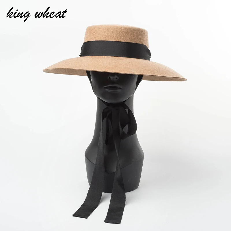 

King Wheat Brand New Wide Big Brim Wool Flat Formal Black Women Fedora Stage Show Felt Cap Autumn Winter Bandage Lady Top Hat