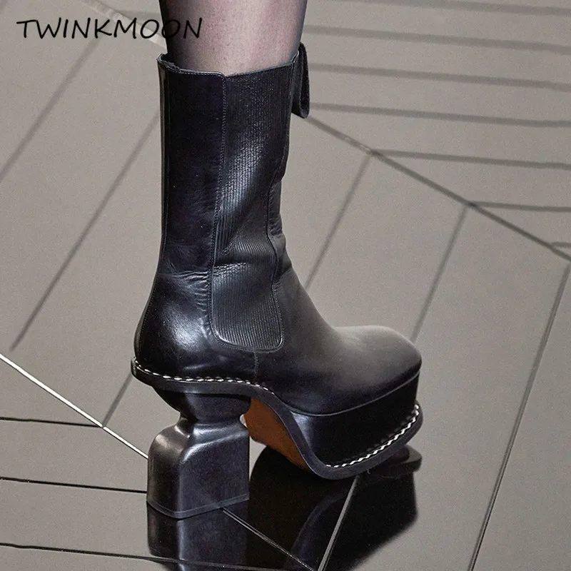 Strange Heel Platform Boots Women's Genuine Leather Shoes Black Runway Design Ankle Boots Ladies botas mujer
