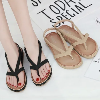 

Elastic Band Flip Flop Shoes Summer PU Flats Sandals Fashion Women Solid Color Non-slip Beach Shoes Ladies Casual Simple Sandals