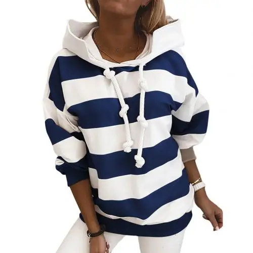 Women Casual Autumn Stripes Color Block Drawstring Hood Sweatshirt Hoodie Blouse Hand Wash with Hood Regular Polyester Spandex Navy Blue