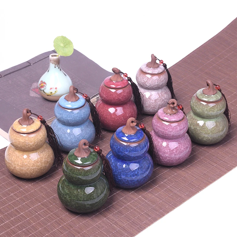 

Novel and Funny Toy Ceramic Gourd Jar Eight Color Ice Crack Glaze Sealed Tea Storage Tank Chinese Handicrafts Gift