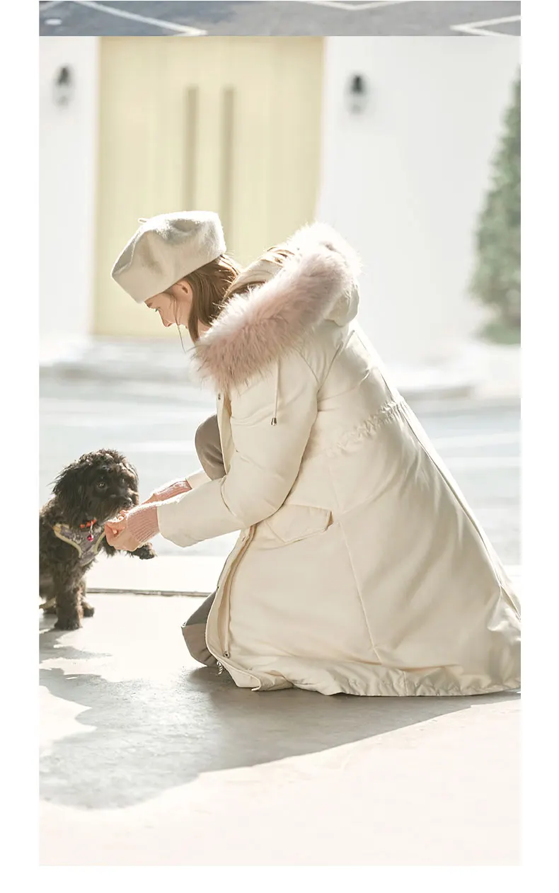 Amii, стильный женский пуховик с воротником из меха енотовидной собаки, зима, новинка, длинное пальто выше колена, приталенное пальто