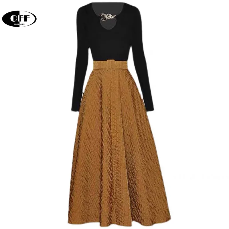 Designer Elegant Knitted Sweaters Chain Elasticity Tops Blouses A-line Women Autumn Midi Skirts Lady Party Two Piece Sets Suits |