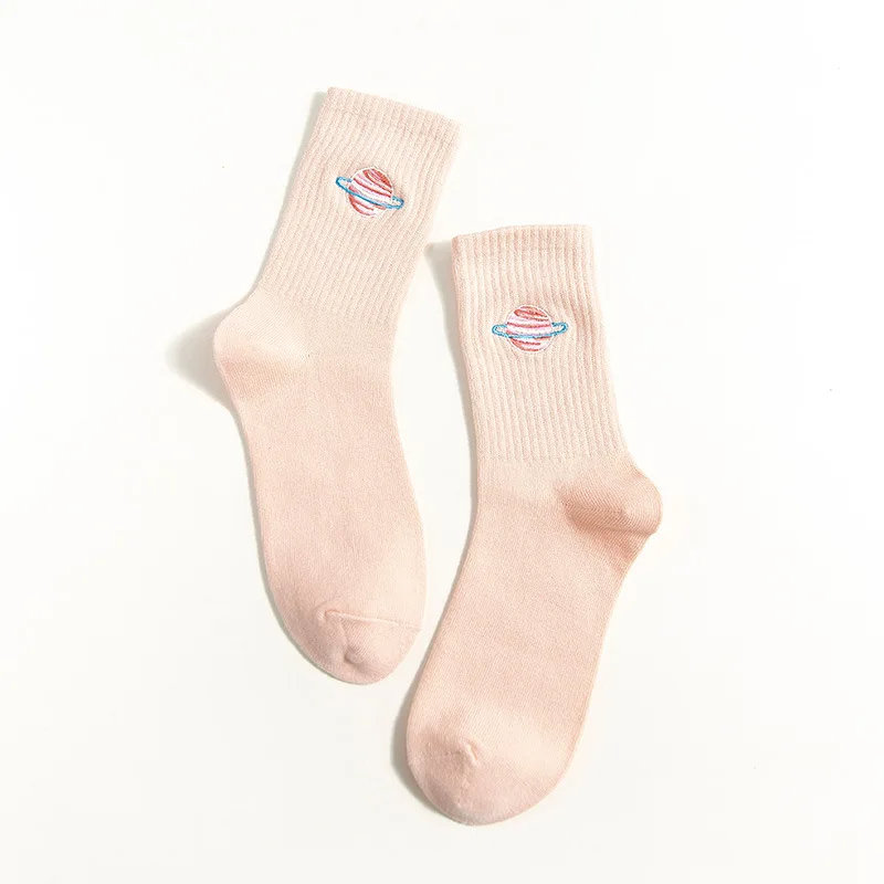 Новые Японские Женские носки для отдыха в стиле Харадзюку хлопковые носки без пятки с вышивкой в виде мультяшной планеты(SO10 - Цвет: 4
