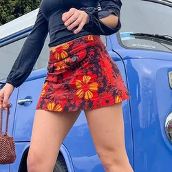 2021 nova streetwear floral impressão mini saia feminina vintage falso bolsos botão a linha y2k saia quente menina roupas férias praia