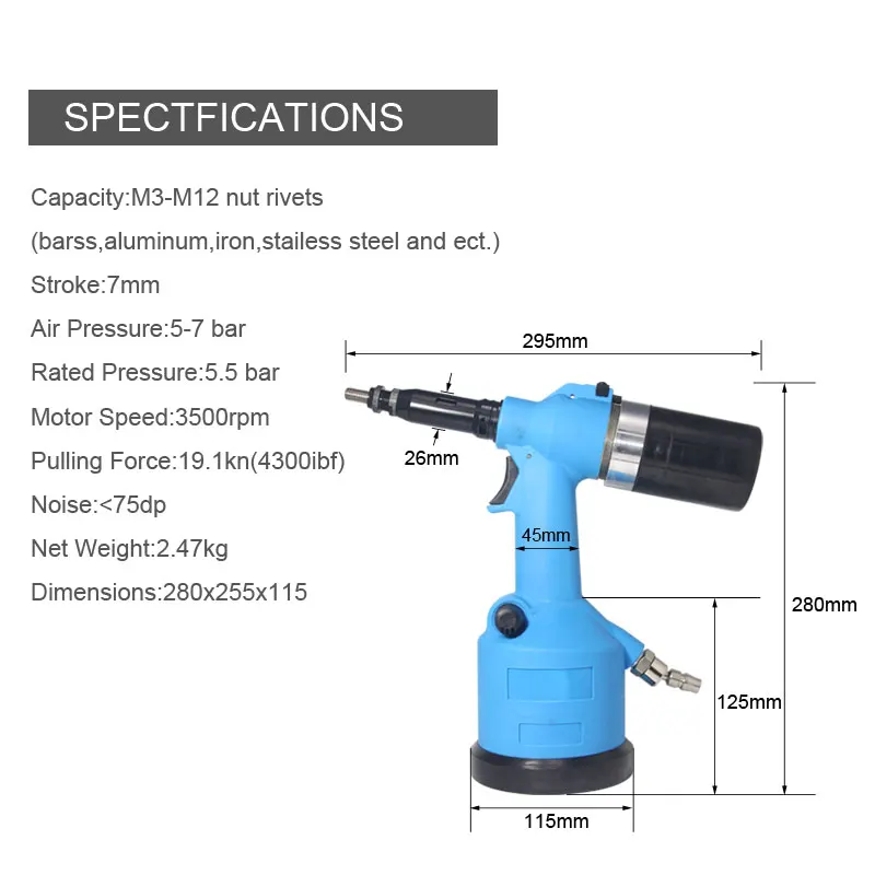 Automatic Air Rivet Nuts M3-M12 Tool Pneumatic Nut Riveter Pistol Riveter Machine