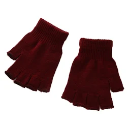 Unisex Black Wool Knit Fingerless Gloves - Warm Winter Workout Mittens (Wine red)