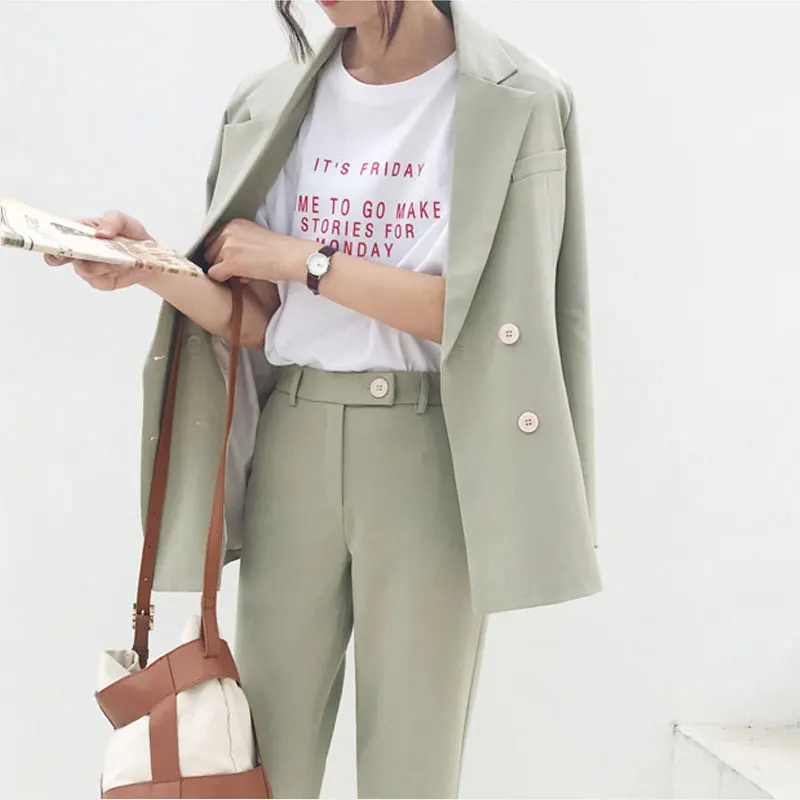 

Vintage Double Breasted Women coat Light Green Jacket & High Waist 2019 Spring Office Wear Women Suits