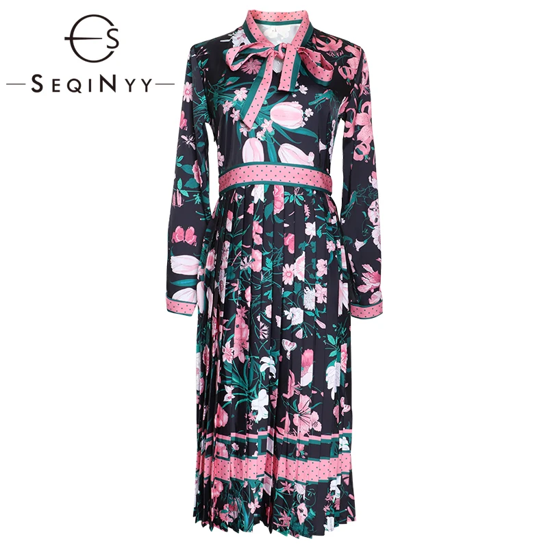 

SEQINYY Black Elegant Dress 2020 Spring Autumn New Fashion Design Women Long Sleeve Flowers Printed High Quality Bow Midi Dress