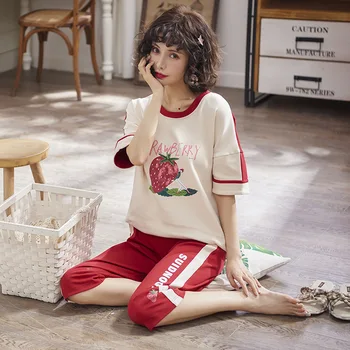 

2020 pajamas sets female soft cotton women fashion short sleeve pajamas suit 2 piece cute summer home lounge plus size pajamas