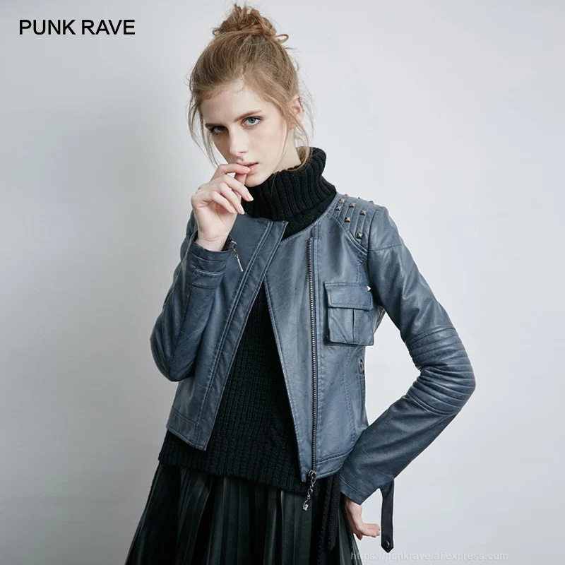 Женская синяя куртка из искусственной кожи с заклепками и молниями в стиле панк |