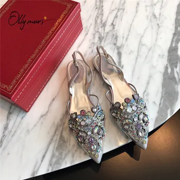 

OllyMurs New Fashion Style Women Summer Sandals Sexy Pointed Toe Slip On Crystal Ladies Flat Sandals Party Shoes Woman