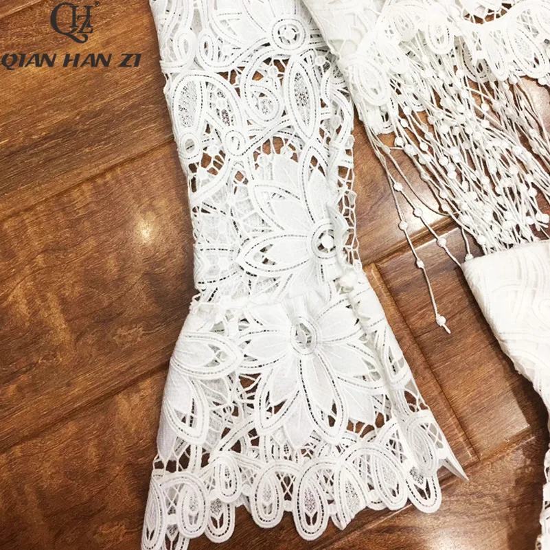 Qian Han Zi модные комплекты для женщин с расклешенными рукавами сексуальный короткий топ с кисточками+ юбка с вышивкой с вырезом комплект из 2 предметов элегантный белый костюм