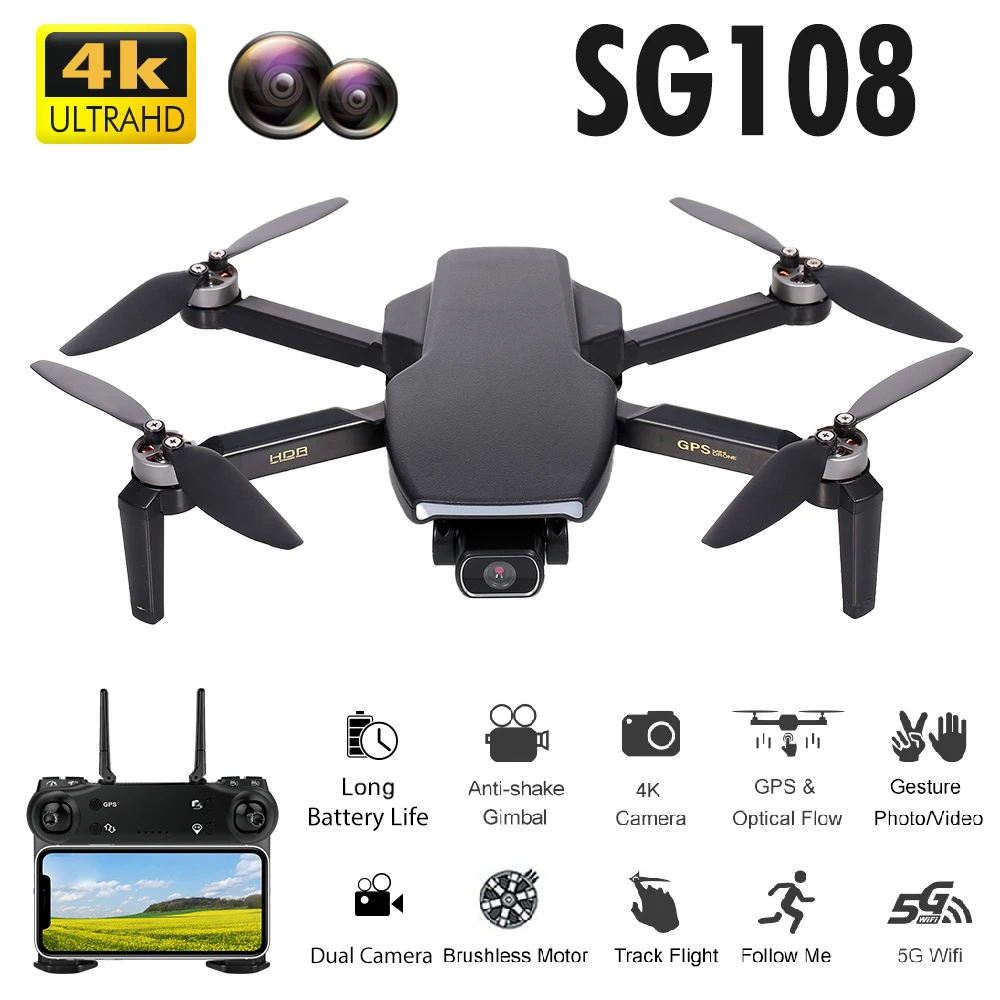 Дрон Радиоуправляемый SG108 с камерой 4K бесщеточный Квадрокоптер двойной GPS Wi Fi FPV
