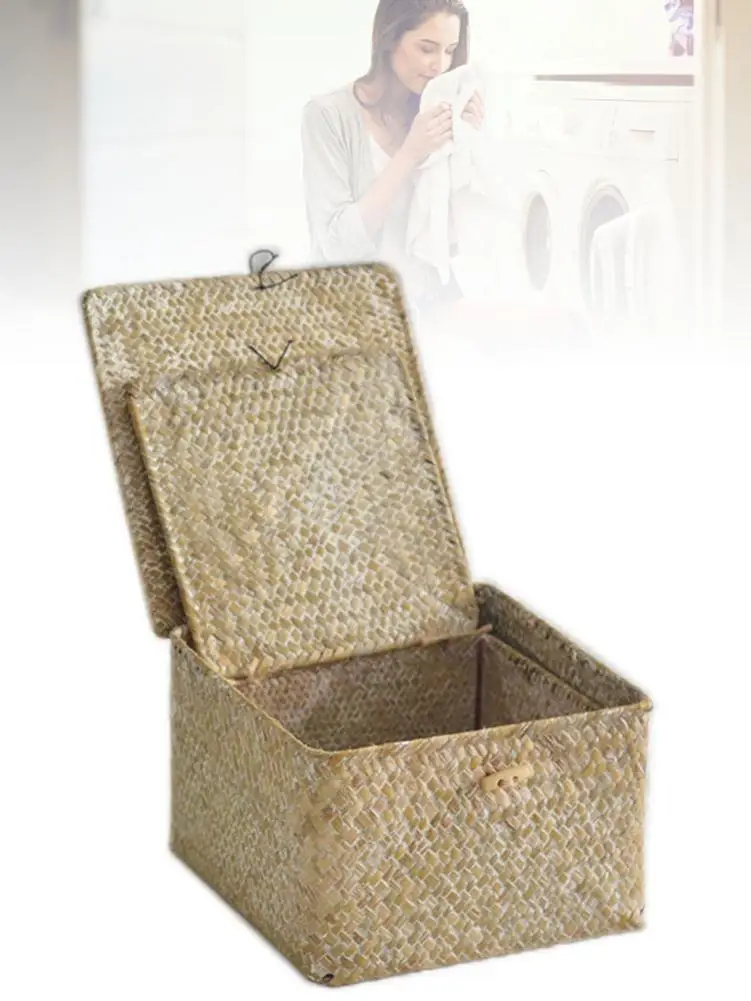 2Pcs Handmade Seaweed Woven Storage Box Dirty Clothes Flower Rattan Finishing Cosmetics Books Sundry Storage Basket with Lid