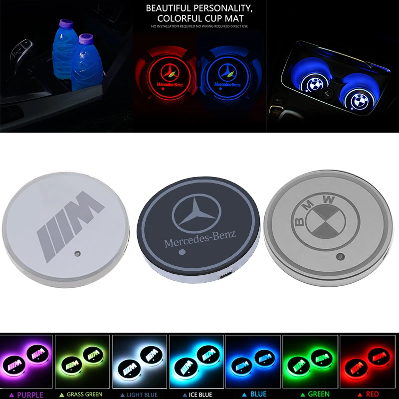 

2pcs Anti Slip Water coaster Mat pad Colorful Car USB Light For BMW M AUDI S Line A5 A6 Mercedes Benz AMG Ford toyota volkswagen