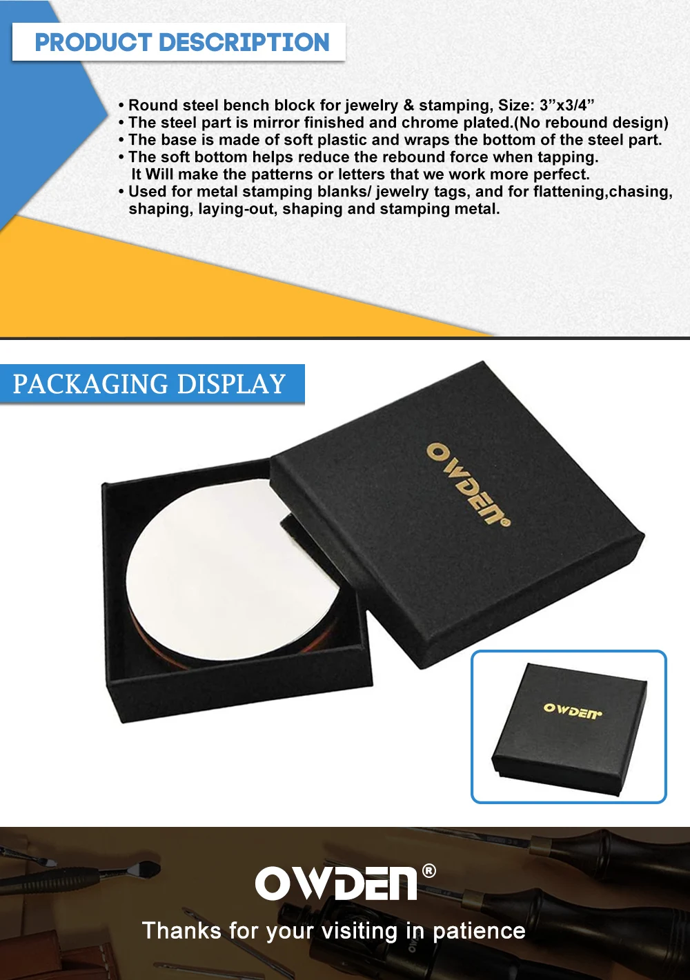 OWDEN Metal Steel Bench Block for Jewelry Stamping Tool（No Rebound)