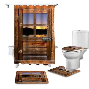 

Wood Plank Door Shower Curtains Set Bathroom Waterproof Shower Curtain Bathroom Set with Shower Curtain and Rugs