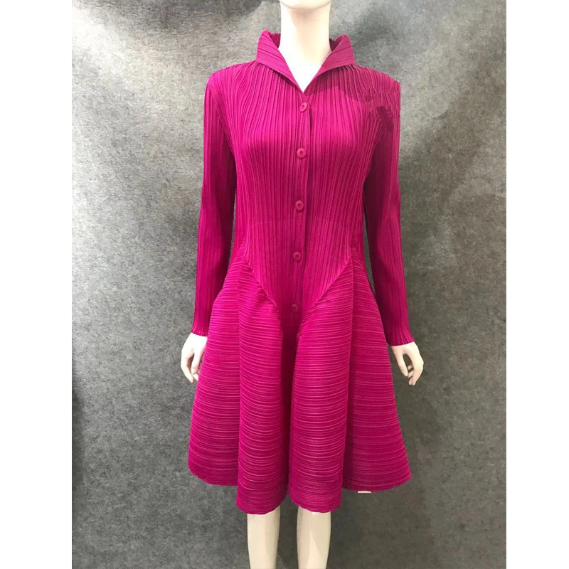rose red Miyake складывается осеннее Новое однобортное платье с воротником-стойкой и длинными рукавами - Цвет: rose red
