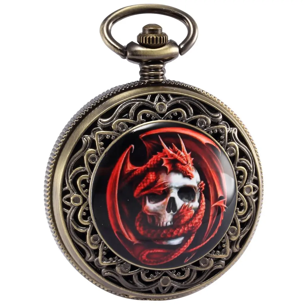 

Vintage Bronze Red Grim Ghost Skull Case Hunter Quartz Men Gents Craft Pendant Fob Chain Clip Pocket Watch Jewelry Clock /WPK172