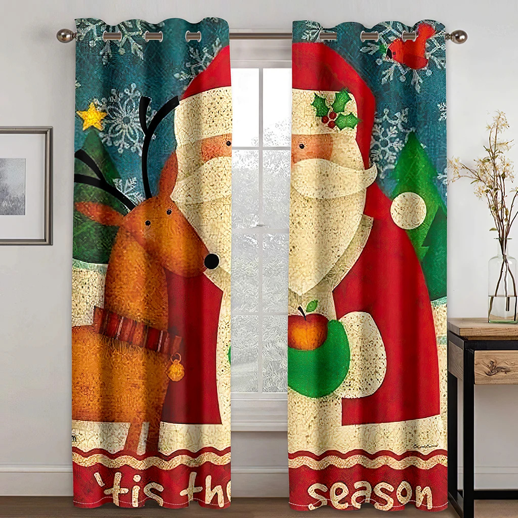 

Christmas Decoration Curtain 3D Cartoon Santa Claus Christmas Tree Polyester Cloth Curtain Snowman Pattern Festive Atmosphere