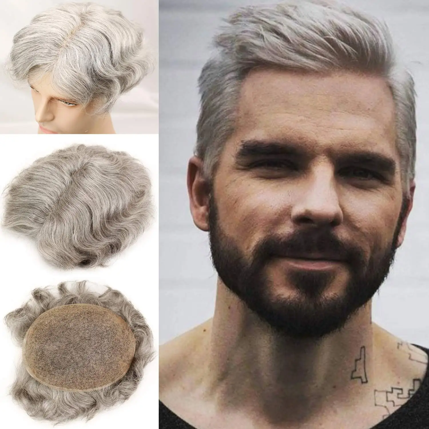 

Swiss Full Lace Men's Toupee 1B Black Color Real Human Hair Mixed 80% Grey Synthetic Hair Replacement for Men Hairpiece 10X8