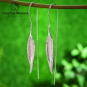 

Lotus Fun Moment Real 925 Sterling Silver Designer Original Fine Jewelry Morning Dew on Bamboo Leaf Dangle Earrings for Women