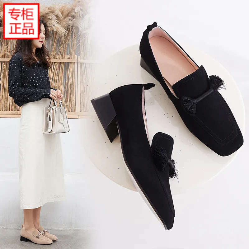 

2019 Spring New Style Semi-high Heeled Shoes Women's Suede Plush Korean-style Versatile Square Head Vintage Chunky-Heel Women's