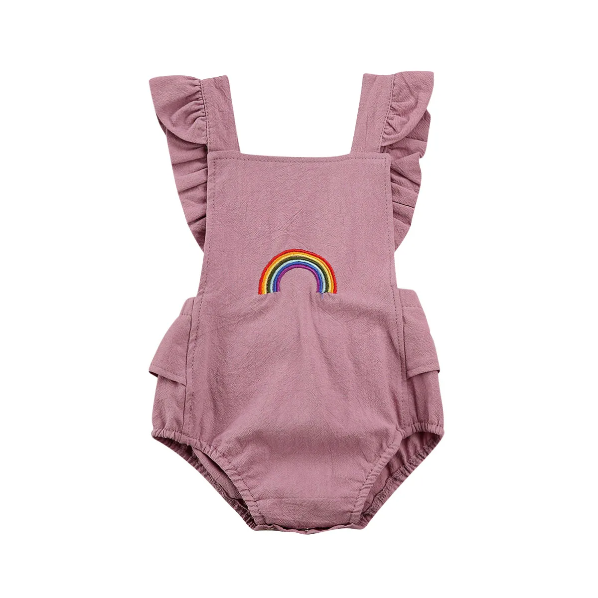 Летняя одежда для малышей, хлопковый цельный комбинезон с оборками для новорожденных девочек, комбинезон с вышивкой радуги, пляжный костюм - Цвет: Фиолетовый