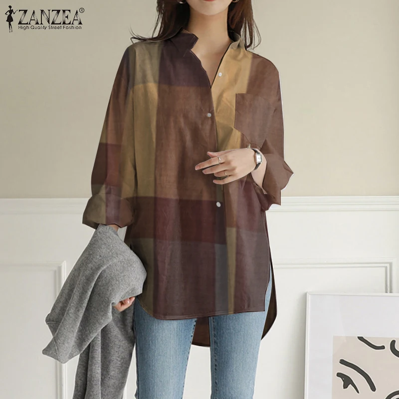 Loose Shirt Kaftan Asymmetrical ZANZEA Plus-Size Blouses Tops Pockets Long-Sleeve Printed