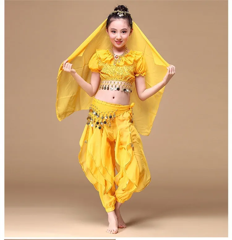 Детская одежда для индийских танцев, комплект из 6 предметов, костюм(Топ, ремень, брюки, головной убор, вуаль, ожерелье), сари Болливуд танцевальные костюмы для девочек