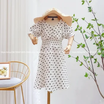 

Children's dress 2020 summer new product girl foreign solid color dot stitching girl short sleeve dress tide