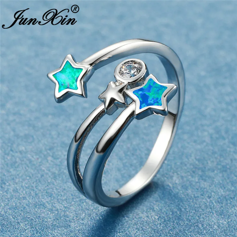 Cute Star Ring 925 Silver Color Blue Fire Opal Rings For Women Open Wedding Bands Zircon Dainty Engagement Ring Finger Jewelry