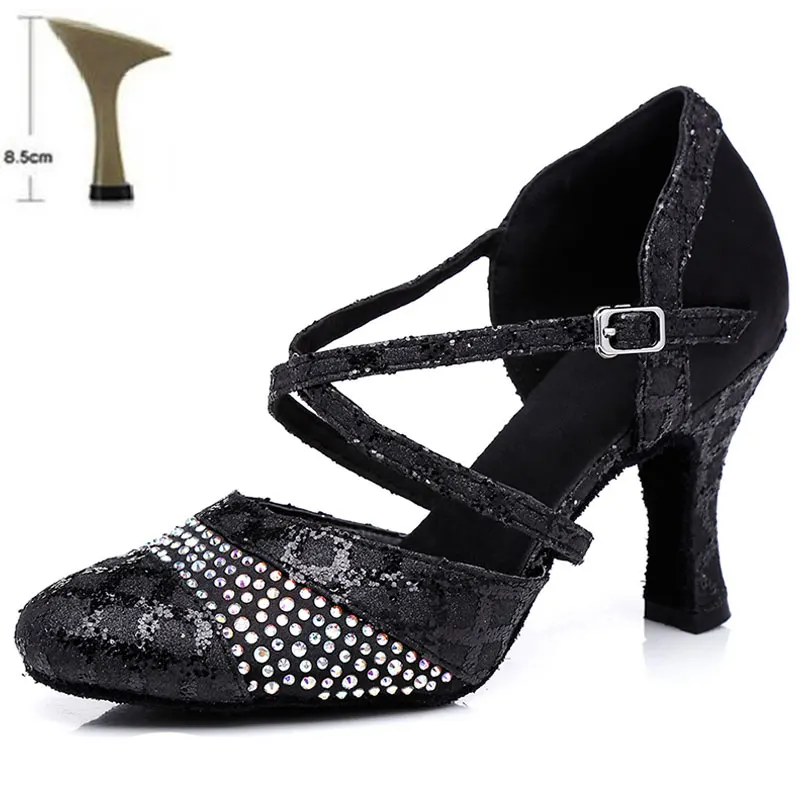 Black 8.5CM HROYL/Женская обувь для латинских танцев; женские танцевальные сандалии для танго и девушек; пикантные вечерние сандалии из искусственной кожи на каблуке 4,5-10 см - Цвет: Black 8.5CM