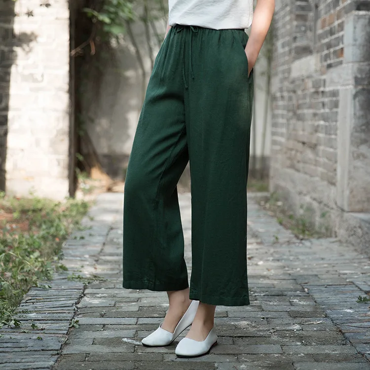 Johnature 2020 Autumn Women New Retro Elastic Waist Cotton Linen Lace Up Wide Leg Pants Loose Casual All-match Ankle-length Pant