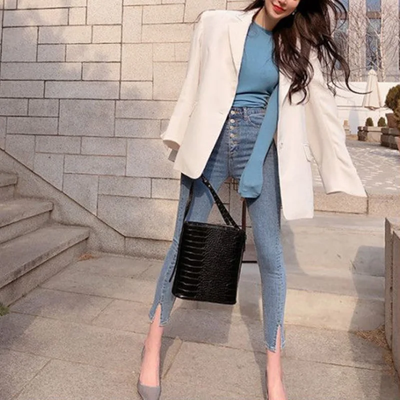 Beste Vintage Single breasted Vrouwen Denim Jeans Hoge Taille Stretch Broek Capri Streetwear Vrouwelijke Split Manchet Jeans Broek 2019 Herfst