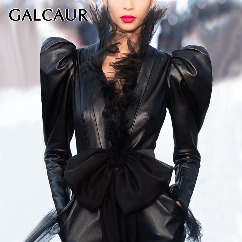Женские куртки из искусственной кожи GALCAUR пальто с v-образным вырезом и буфами
