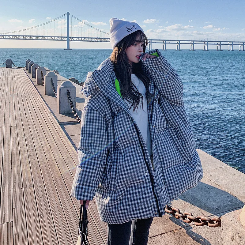 

New style drawstring plaid cotton jacket women's mid-length winter age-reducing padded jacket bread jacket warm coat