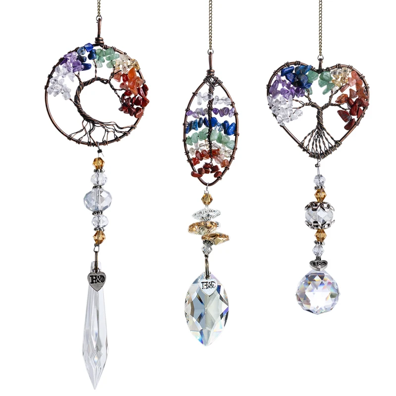 

H&D Set of 3 Tree of Life Suncatcher Chakra Healing Stone Pendant Rainbow Maker Hanging For Home Window Decor Spiritual Gift