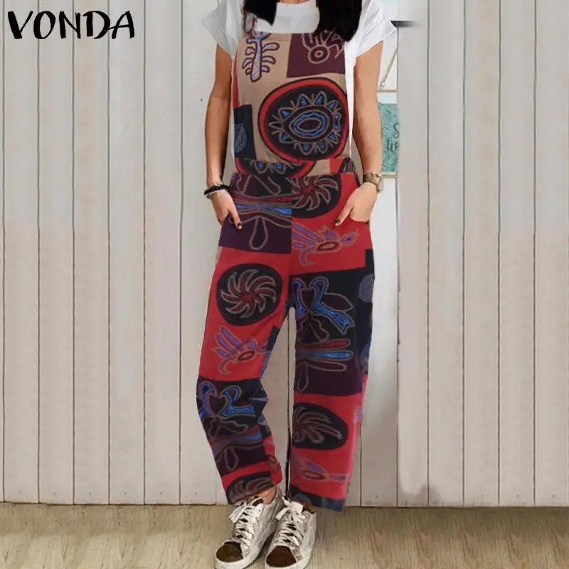 VONDA, женские комбинезоны без рукавов, s, комбинезоны, повседневные, свободные, на лямках, сексуальные комбинезоны, Комбинезоны для женщин, Pantalon размера плюс, штаны - Цвет: Red