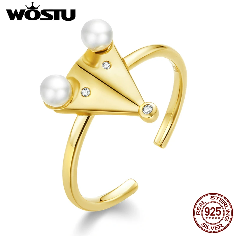 WOSTU Genuine 925 Sterling Silver Little Mouse Rat Pearls Gold Rings Adjustable Size Finger Lucky Ring For Women Jewelry DAR103 | Украшения